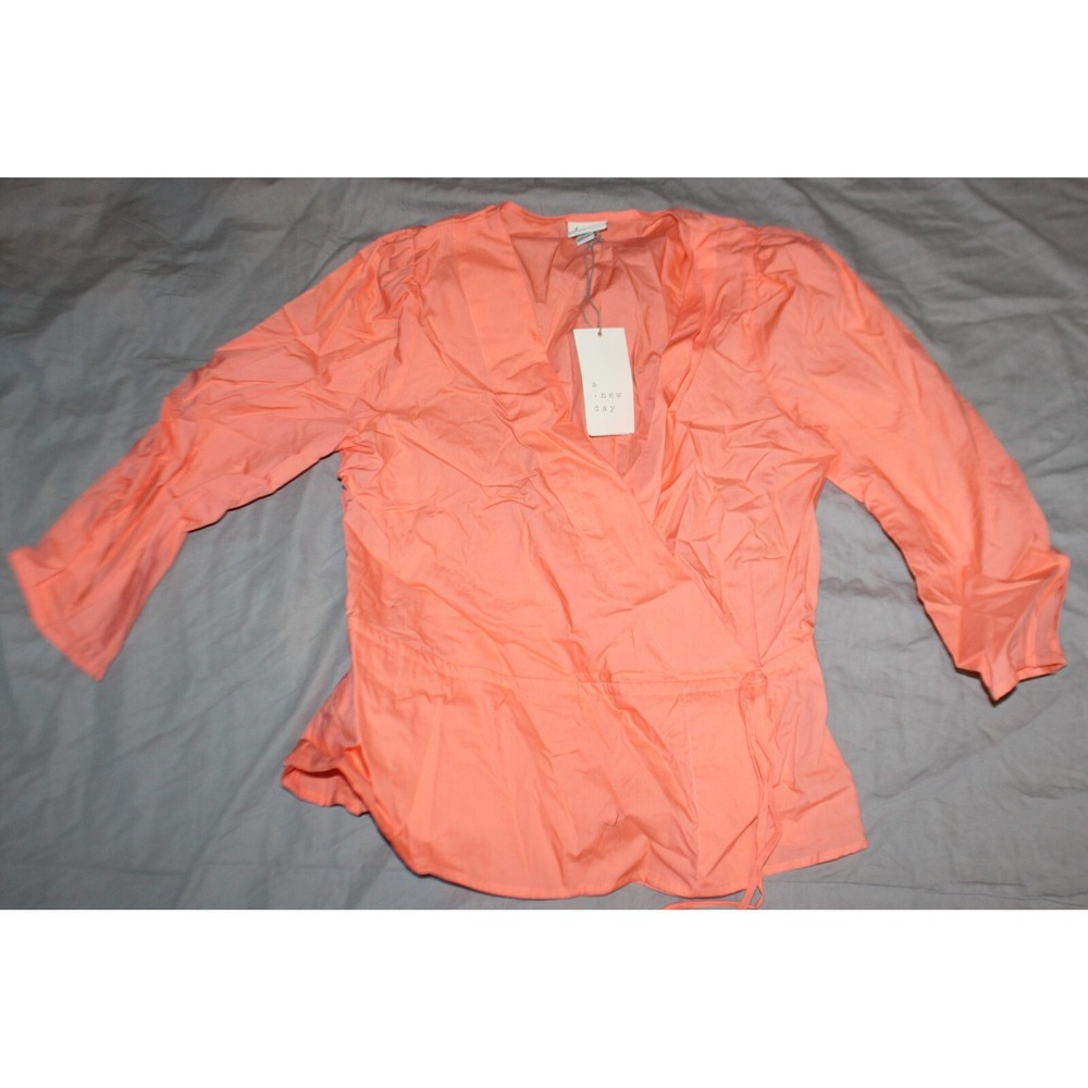 A New Day Womens Size XS Long Sleeve Faux Wrap Tie Peach Top NEW